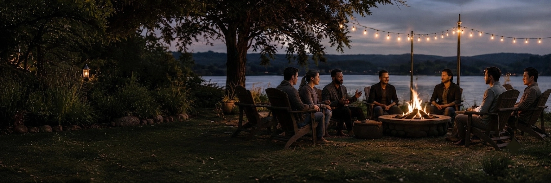 People gathering together outdoors around a fire